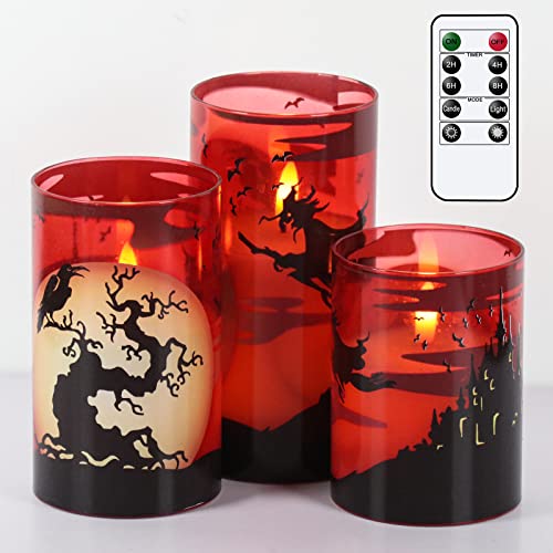 Eldnacele Halloween rote Glas flammenlose Kerzen mit Fernbedienung Timer, batteriebetriebene LED Halloween Kerzen flackernd für Heimdekoration Geschenk 3er Set(Geisterrabe Hexe Schloss Muster) von Eldnacele