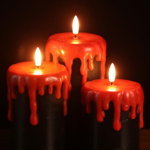 Eldnacele Halloween schwarze flammenlose Säulenkerzen mit 6 Stunden Timer, batteriebetriebene LED Kerzen, 3er Set für Halloween Dekoration, echtes Wachs, Ø 7,5 cm x H 10 cm, 12,5 cm, 15 cm von Eldnacele