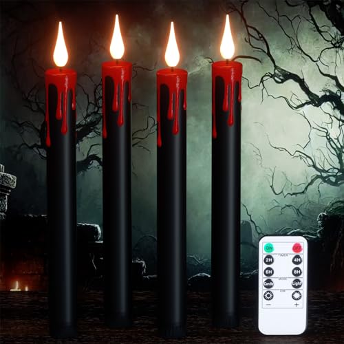 Eldnacele Halloween schwarze flammenlose Stabkerzen mit Fernbedienung, dimmbar, batteriebetriebene LED Kerzen, 4er Set tropfende Wachskerzen für Halloween Dekoration ganla von Eldnacele