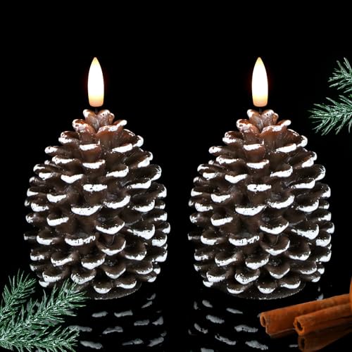 Eldnacele LED-Flammenlose Tannenzapfenkerzen mit 6-Stunden-Timer, batteriebetriebene Wachssäulenkerzen, 2er-Set Weihnachtskerzen Eichel-Deko, waldiges Design für Herbst- und Weihnachtsdekoration von Eldnacele