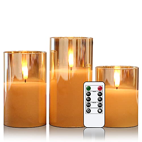 Eldnacele LED Kerzen mit Timerfunktion, flammenlose Kerzen mit Fernbedienung, elektrische Echtwachskerzen im Glas, flackernde Flamme 3-teilige led Kerzen-Set, Art Zimmer Deko, Gold von Eldnacele