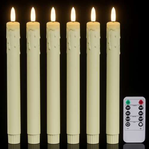 Eldnacele LED Stabkerzen mit Fernbedienung, Timer und Dimmer, 24,5 cm batteriebetriebene flammenlose Kerzen aus Kunststoff, tropfendes Wachsdesign, 6er Set elfenbeinfarbene flackernde Kerzen von Eldnacele