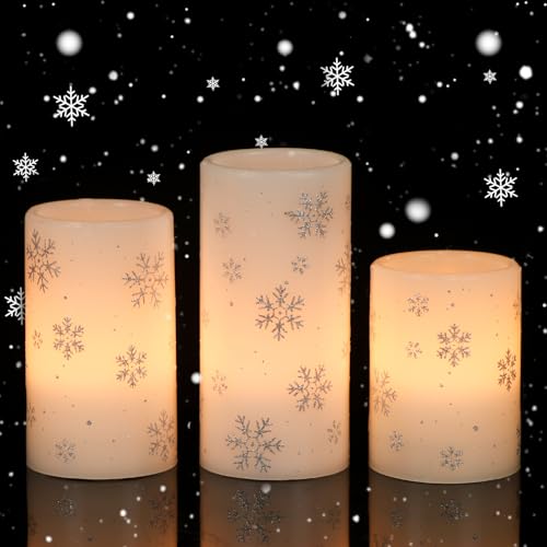 Eldnacele Schneeflocken LED Kerzen mit 6-Stunden-Timer, batteriebetriebene flammenlose Säulenkerzen aus echtem Wachs, 3er Set (7,5x10/12,5/15 cm) für Weihnachtsdekoration von Eldnacele