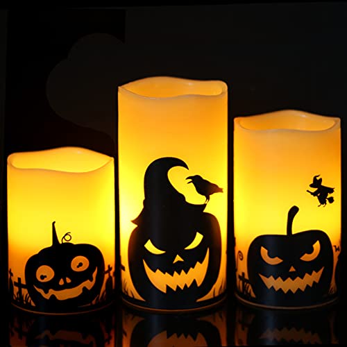 Eldnacele flammenlose Halloween Kerzen, LED flackernde batteriebetriebene Stumpenkerzen mit 6H Timer und Kürbis-Aufklebern, gruselige Herbst-Halloween-Party-Dekoration, 3er-Set von Eldnacele