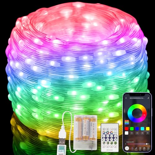 Bunt Lichterkette Außen, 15M Wasserdicht RGB Smart IC Lichterschlauch mit Batterie, APP/Fernbedienung Steuerung, mit Timer, Musik Sync, Anti-Verwicklungs, für Garten Balkon Party Weihnachten Hochzeit von Electight