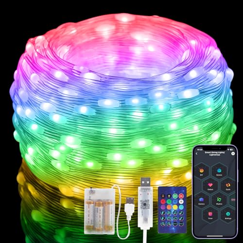 Bunt Lichterkette mit Batterie, 10M 100 LEDs RGB Smart IC Mikro Silberdraht Lichterkette 99+ Modis, Musik Syn, App und Fernbedienung Steuerung, IP65 Wasserdicht für Außen Innen Weihnachtsbaum Deko von Electight