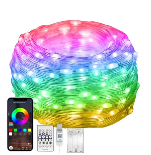 Lichterkette Außen,10M 99+Modi Wasserdichte Bunt RGB Smart IC Lichterkette mit Timer, App/Fernbedienung Steuerung, Musik Sync, Batterie Inklusive, für Balkon Garten Party Weihnachten Hochzeit Deko von Electight