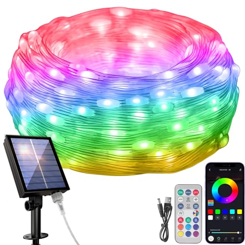 Solar Lichterkette Lichterketten für Weihnachten, Aussen RGB Bunt Lichtschlauch Fernbedienung & App Steuerung, 99+ Modus, Sync Musik, Timer, für Garten, Balkon, Terrasse, Tor, Hof, Party - 5M 50LED von Electight