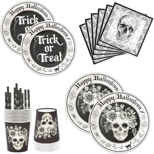 Eledreme Halloween Geschirr Set,10 Sätze kürbis deko Halloween tischdeko, Inklusive Halloween pappteller, pappbecher Halloween servietten, Halloween strohhalme,für Halloween Party Deko von Eledreme