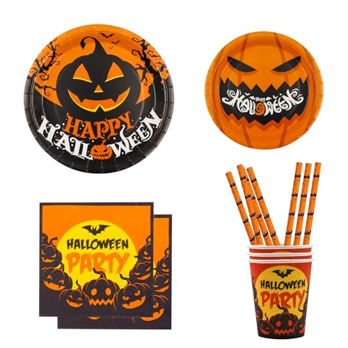 Eledreme Halloween Geschirr Set,10 Sätze kürbis deko Halloween tischdeko, Inklusive Halloween pappteller, pappbecher Halloween servietten, Halloween strohhalme,für Halloween Party Deko von Eledreme