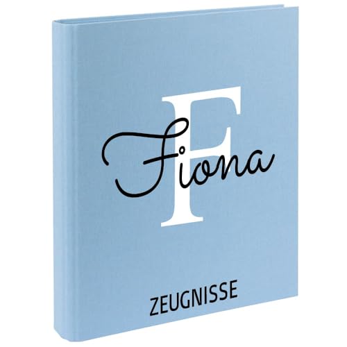 Zeugnismappe mit Namen personalisiert aus Leinen Schulkind Geschenk zur Einschulung Hellblau Motiv Buchstabe von Elefantasie