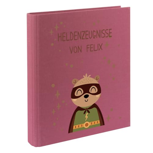 Zeugnismappe mit Namen personalisiert aus Leinen Schulkind Geschenk zur Einschulung Motiv Superheld (Beere, Bär) von Elefantasie