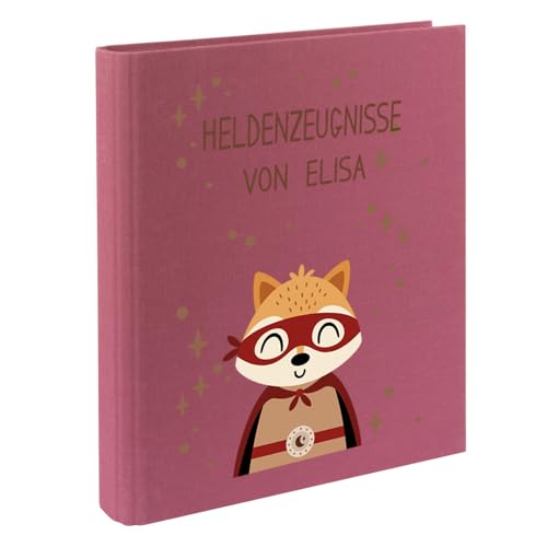 Zeugnismappe mit Namen personalisiert aus Leinen Schulkind Geschenk zur Einschulung Motiv Superheld (Beere, Fuchs) von Elefantasie