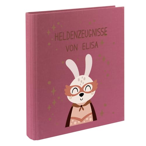 Zeugnismappe mit Namen personalisiert aus Leinen Schulkind Geschenk zur Einschulung Motiv Superheld (Beere, Hase) von Elefantasie