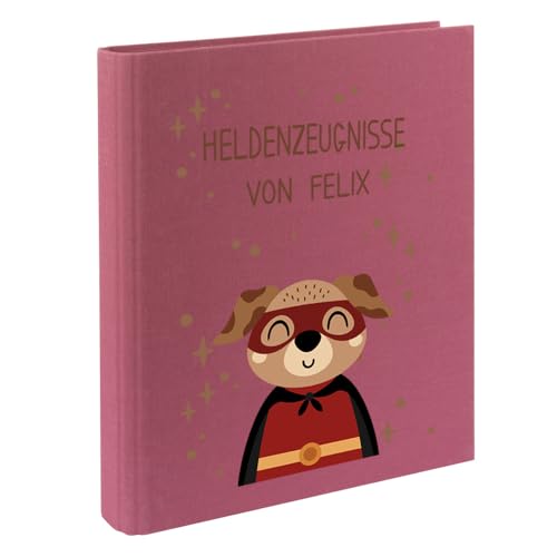 Zeugnismappe mit Namen personalisiert aus Leinen Schulkind Geschenk zur Einschulung Motiv Superheld (Beere, Hund) von Elefantasie