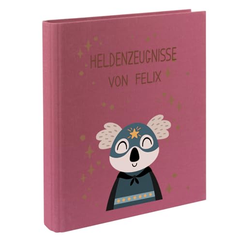 Zeugnismappe mit Namen personalisiert aus Leinen Schulkind Geschenk zur Einschulung Motiv Superheld (Beere, Koala) von Elefantasie