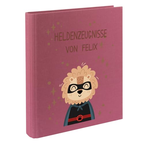 Zeugnismappe mit Namen personalisiert aus Leinen Schulkind Geschenk zur Einschulung Motiv Superheld (Beere, Löwe) von Elefantasie