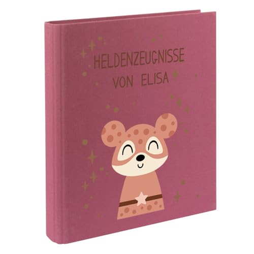 Zeugnismappe mit Namen personalisiert aus Leinen Schulkind Geschenk zur Einschulung Motiv Superheld (Beere, Maus) von Elefantasie