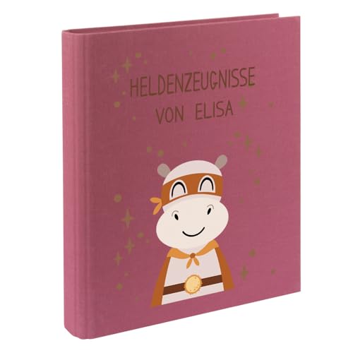 Zeugnismappe mit Namen personalisiert aus Leinen Schulkind Geschenk zur Einschulung Motiv Superheld (Beere, Nilpferd) von Elefantasie