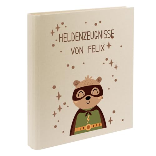 Zeugnismappe mit Namen personalisiert aus Leinen Schulkind Geschenk zur Einschulung Motiv Superheld (Beige, Bär) von Elefantasie