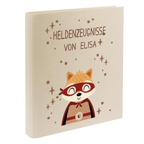 Zeugnismappe mit Namen personalisiert aus Leinen Schulkind Geschenk zur Einschulung Motiv Superheld (Beige, Fuchs) von Elefantasie