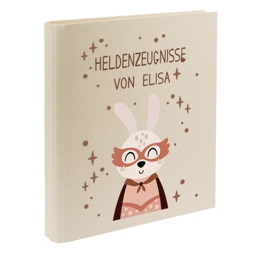 Zeugnismappe mit Namen personalisiert aus Leinen Schulkind Geschenk zur Einschulung Motiv Superheld (Beige, Hase) von Elefantasie