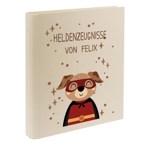 Zeugnismappe mit Namen personalisiert aus Leinen Schulkind Geschenk zur Einschulung Motiv Superheld (Beige, Hund) von Elefantasie