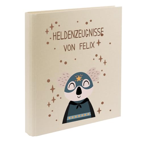 Zeugnismappe mit Namen personalisiert aus Leinen Schulkind Geschenk zur Einschulung Motiv Superheld (Beige, Koala) von Elefantasie