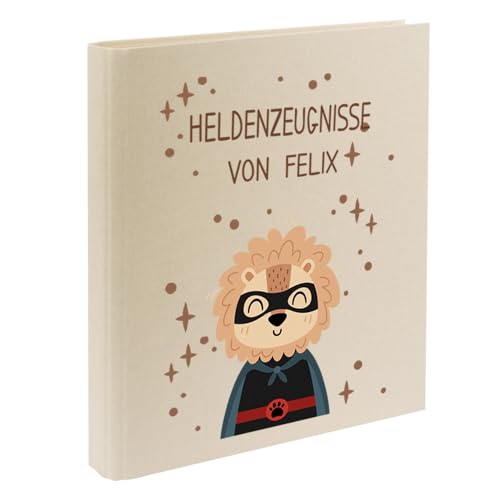 Zeugnismappe mit Namen personalisiert aus Leinen Schulkind Geschenk zur Einschulung Motiv Superheld (Beige, Löwe) von Elefantasie