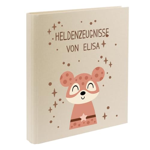 Zeugnismappe mit Namen personalisiert aus Leinen Schulkind Geschenk zur Einschulung Motiv Superheld (Beige, Maus) von Elefantasie