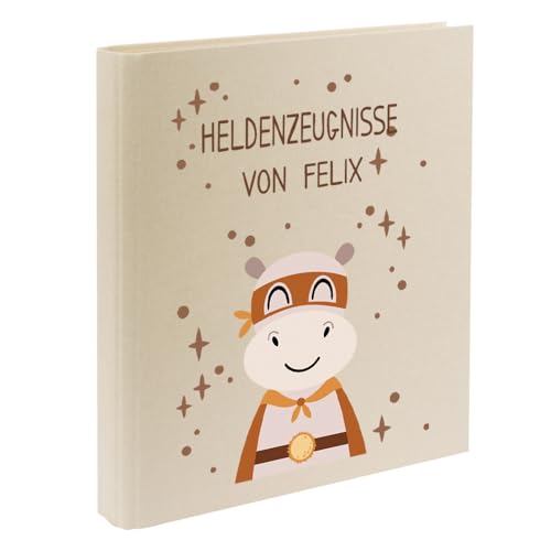 Zeugnismappe mit Namen personalisiert aus Leinen Schulkind Geschenk zur Einschulung Motiv Superheld (Beige, Nilpferd) von Elefantasie