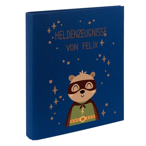 Zeugnismappe mit Namen personalisiert aus Leinen Schulkind Geschenk zur Einschulung Motiv Superheld (Blau, Bär) von Elefantasie