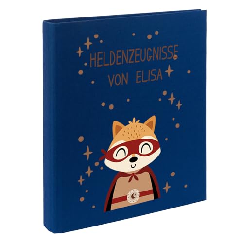 Zeugnismappe mit Namen personalisiert aus Leinen Schulkind Geschenk zur Einschulung Motiv Superheld (Blau, Fuchs) von Elefantasie