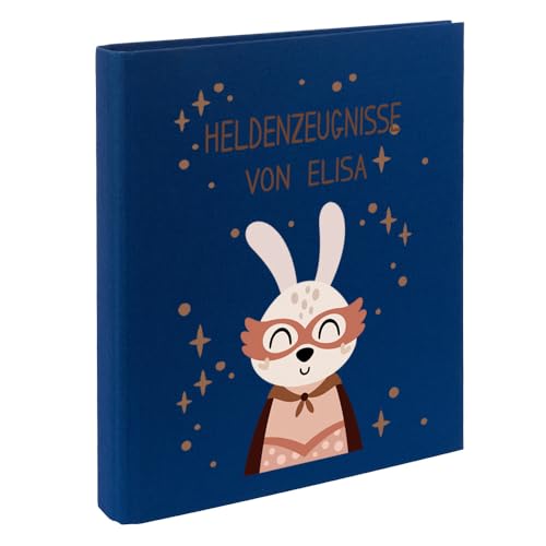 Zeugnismappe mit Namen personalisiert aus Leinen Schulkind Geschenk zur Einschulung Motiv Superheld (Blau, Hase) von Elefantasie