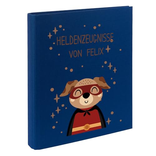 Zeugnismappe mit Namen personalisiert aus Leinen Schulkind Geschenk zur Einschulung Motiv Superheld (Blau, Hund) von Elefantasie