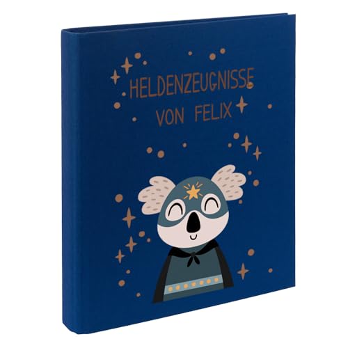 Zeugnismappe mit Namen personalisiert aus Leinen Schulkind Geschenk zur Einschulung Motiv Superheld (Blau, Koala) von Elefantasie