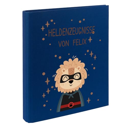 Zeugnismappe mit Namen personalisiert aus Leinen Schulkind Geschenk zur Einschulung Motiv Superheld (Blau, Löwe) von Elefantasie