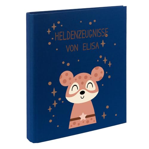 Zeugnismappe mit Namen personalisiert aus Leinen Schulkind Geschenk zur Einschulung Motiv Superheld (Blau, Maus) von Elefantasie