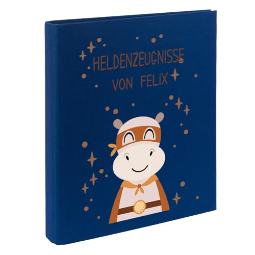 Zeugnismappe mit Namen personalisiert aus Leinen Schulkind Geschenk zur Einschulung Motiv Superheld (Blau, Nilpferd) von Elefantasie