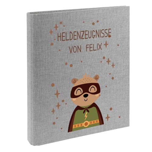 Zeugnismappe mit Namen personalisiert aus Leinen Schulkind Geschenk zur Einschulung Motiv Superheld (Grau, Bär) von Elefantasie