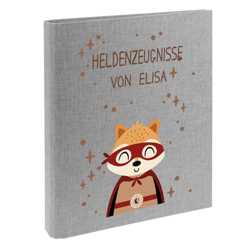 Zeugnismappe mit Namen personalisiert aus Leinen Schulkind Geschenk zur Einschulung Motiv Superheld (Grau, Fuchs) von Elefantasie