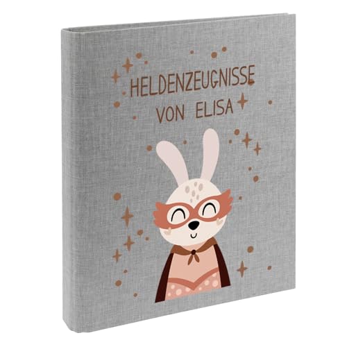 Zeugnismappe mit Namen personalisiert aus Leinen Schulkind Geschenk zur Einschulung Motiv Superheld (Grau, Hase) von Elefantasie