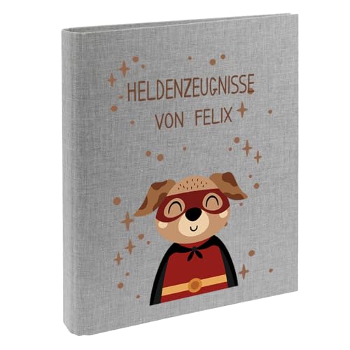 Zeugnismappe mit Namen personalisiert aus Leinen Schulkind Geschenk zur Einschulung Motiv Superheld (Grau, Hund) von Elefantasie