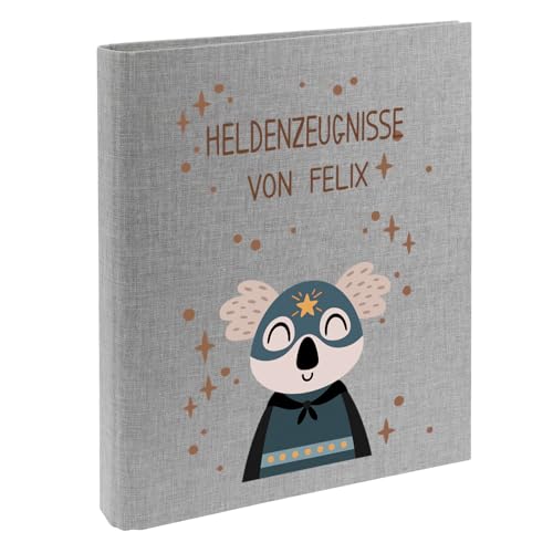 Zeugnismappe mit Namen personalisiert aus Leinen Schulkind Geschenk zur Einschulung Motiv Superheld (Grau, Koala) von Elefantasie