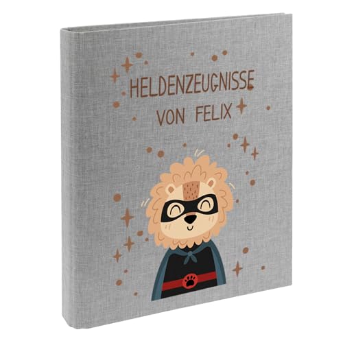 Zeugnismappe mit Namen personalisiert aus Leinen Schulkind Geschenk zur Einschulung Motiv Superheld (Grau, Löwe) von Elefantasie