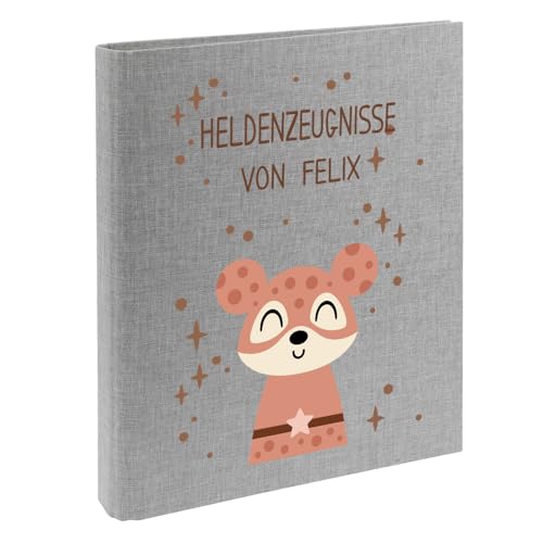 Zeugnismappe mit Namen personalisiert aus Leinen Schulkind Geschenk zur Einschulung Motiv Superheld (Grau, Maus) von Elefantasie