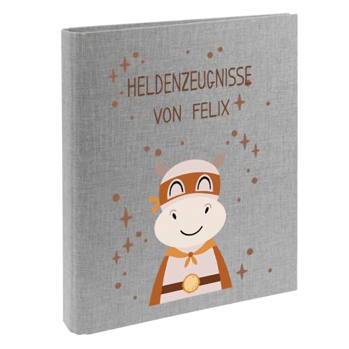 Zeugnismappe mit Namen personalisiert aus Leinen Schulkind Geschenk zur Einschulung Motiv Superheld (Grau, Nilpferd) von Elefantasie