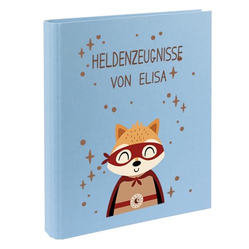 Zeugnismappe mit Namen personalisiert aus Leinen Schulkind Geschenk zur Einschulung Motiv Superheld (Hellblau, Fuchs) von Elefantasie