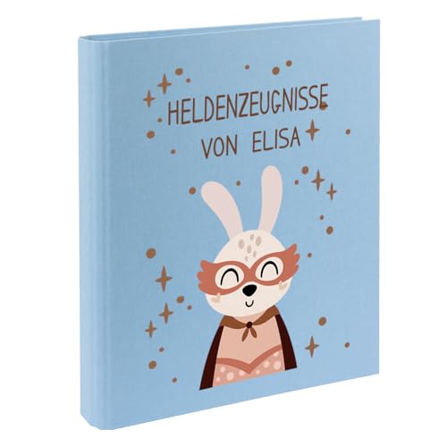 Zeugnismappe mit Namen personalisiert aus Leinen Schulkind Geschenk zur Einschulung Motiv Superheld (Hellblau, Hase) von Elefantasie