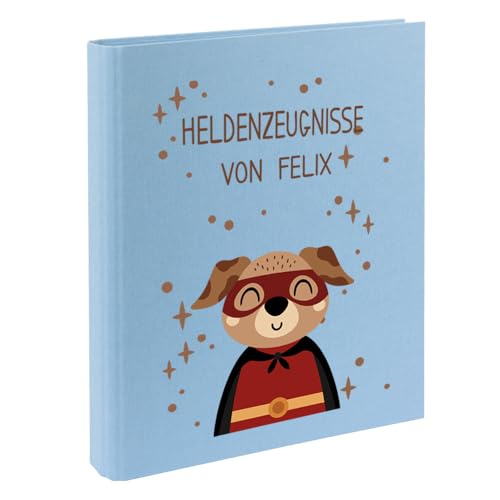 Zeugnismappe mit Namen personalisiert aus Leinen Schulkind Geschenk zur Einschulung Motiv Superheld (Hellblau, Hund) von Elefantasie